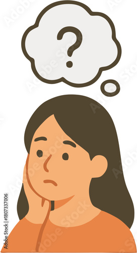A thoughtful woman with a question mark in a thought bubble, symbolizing confusion, doubt, and problem-solving