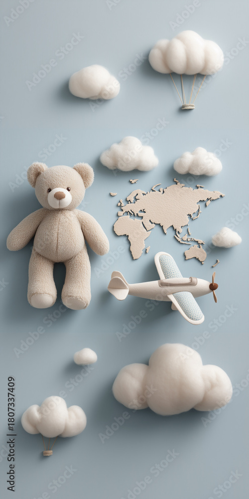 Obraz premium Teddy Bear With Felt World Map and Toy Airplane. Whimsical Child Travel Concept.
