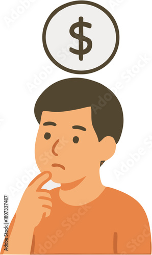 A thoughtful individual contemplating financial matters, with a coin symbol overhead suggesting money concerns or investment decisions