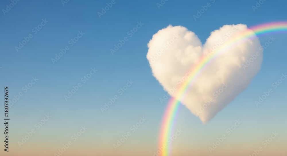 Naklejka premium Heart-shaped cloud with rainbow against clear blue sky concept of winter 
