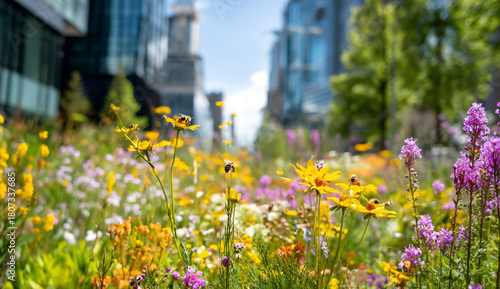 Fototapeta Naklejka Na Ścianę i Meble -  Wildflower meadow in the city with colorful blossoms and modern buildings