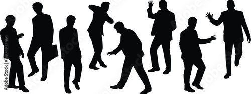 Businessman silhouette poses, professional corporate gestures, standing men expressing communication, office people actions, confident body language illustration, workplace concept