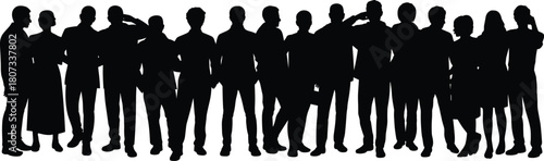 Large group silhouette standing together, diverse people posing, community crowd illustration, teamwork unity concept, social interaction representation