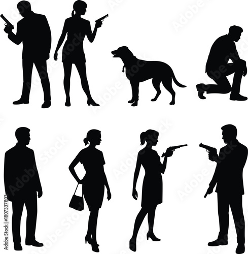 Silhouette agents holding guns, detective figures posing with dog, investigation scene illustration, secret mission concept, armed character silhouettes