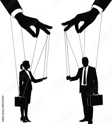 Silhouette businessmen and businesswomen controlled like puppets, manipulation concept illustration, corporate control metaphor, workplace influence symbol depiction