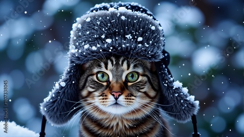 Cute tabby cat wearing a fluffy Russian ushanka winter hat covered in snow, sitting outdoors with snowflakes falling in a blue snowy background.