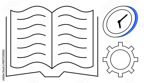 Open book, analog clock, and gear symbolizing knowledge, learning, time management, education, collaboration, productivity and innovation. Ideal for education time efficiency knowledge sharing