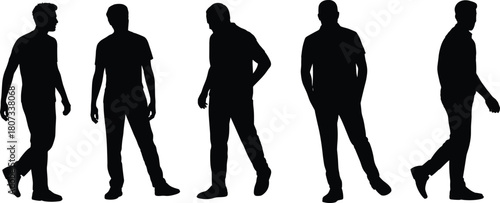 Silhouette men walking and standing in casual poses, male figure illustration, everyday movement concept, relaxed posture design elements