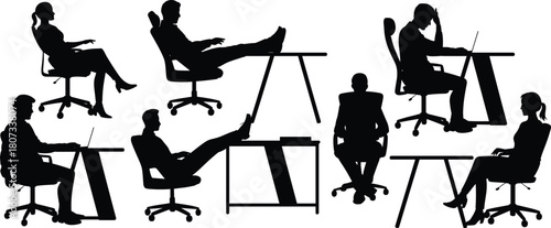 Silhouette office workers sitting at desks, workplace posture illustration, business people using laptops, relaxed and stressed employee poses