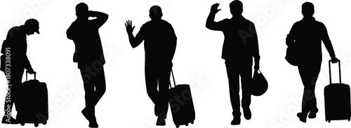 Silhouette travelers walking with luggage, business people in transit, airport journey illustration, travel movement concept, passenger figure poses