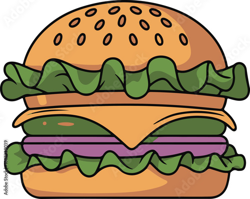 Cartoon hamburger with lettuce cheese and onion on white background cheeseburger fast food
