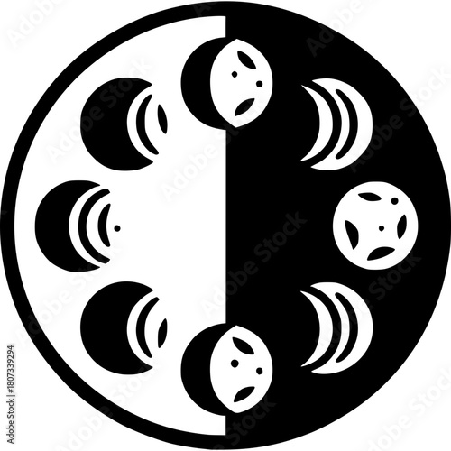 Lunar Cycle: This visual depicts the phases of the moon in a symmetrical, circular arrangement, symbolizing the cyclical nature of time and celestial movement.