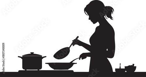 Silhouette of a woman cooking with pots and pans on a stove kitchen food