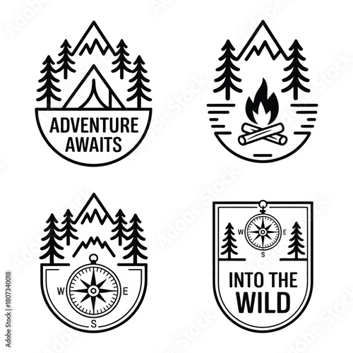 Collection of camping and adventure icons isolated on white background