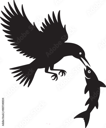 Black silhouette of a bird with wings spread catching a fish in its beak black and white