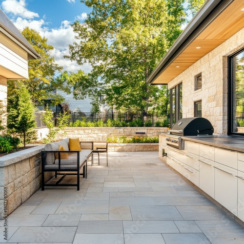Modern Outdoor Kitchen and Patio with Stone Walls, Grill ,Outdoor Living