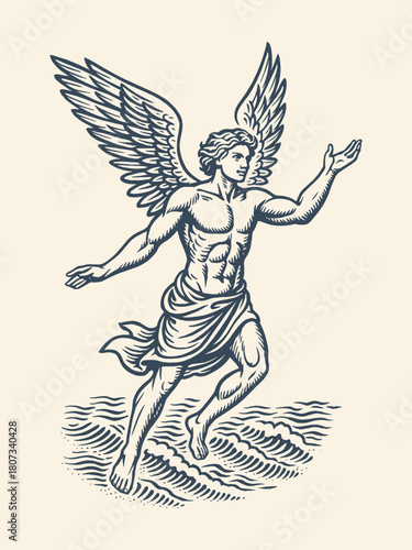 Winged male angel walking on water engraving vector illustration