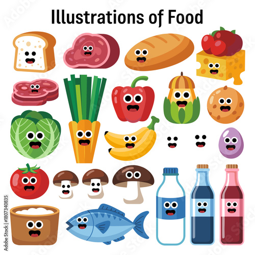 Illustrated Food Extravaganza: A vibrant collection of animated food illustrations bursts with personality, featuring playful vegetables, delectable pastries, and refreshing beverages.