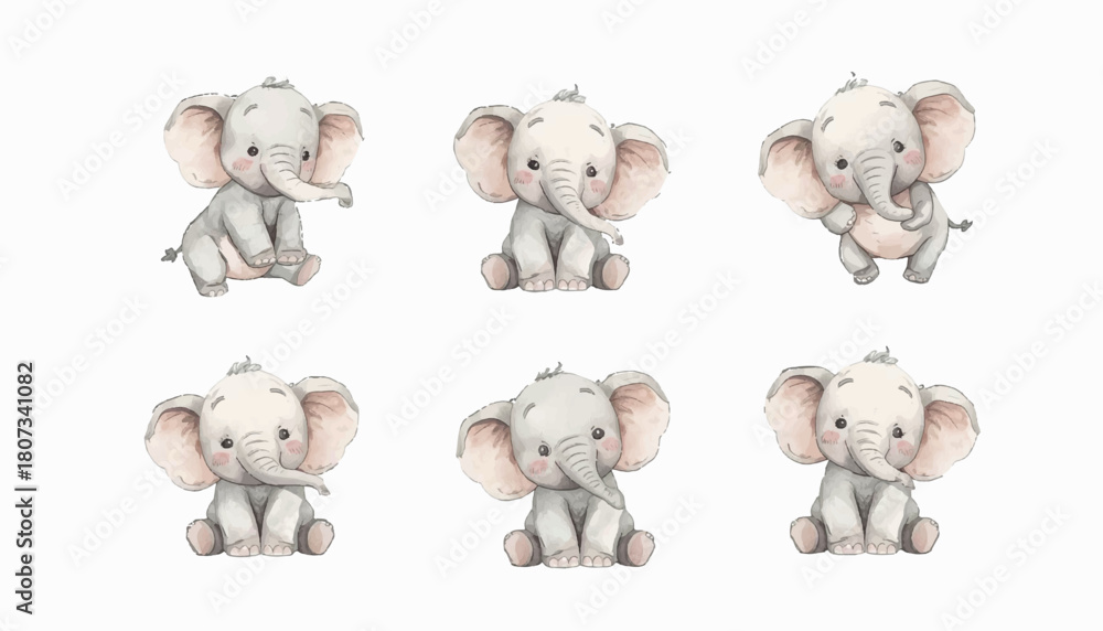 Fototapeta premium Adorable collection of six watercolor baby elephant illustrations in various playful poses, perfect for children's designs and cute animal themes, bringing joy to any project