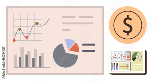 Data visualization of graphs, charts, and analytics on digital and paper dashboards with a dollar coin. Ideal for finance, business, investment, statistics, economy strategy presentations. Simple