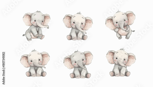 Adorable collection of six watercolor baby elephant illustrations in various playful poses, perfect for children's designs and cute animal themes, bringing joy to any project
