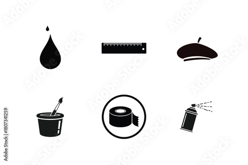 Artistic tools and supplies collection in black and white silhouettes