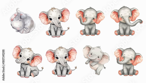 Adorable Watercolor Elephant Calf Set Cute Animal Illustration