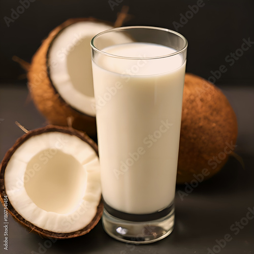 Non-dairy milk. Coconut milk in a glass against the background of a whole coconut and its halves. A plant-based alternative to milk.