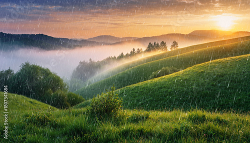 Green rolling hills with mist and rain during sunset.