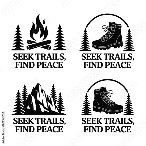 Seek trails, find peace with camping, hiking, and outdoor adventure theme Vector Art