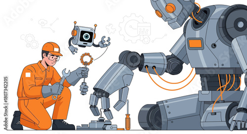 Illustration of a mechanic repairing a robot with a wrench and a gear, assisted by another robot