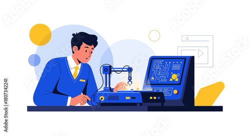 Illustration of a robotics engineer working on a machine with digital screen technology