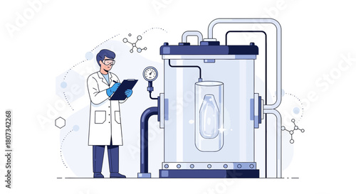 Illustration of a scientist analyzing a futuristic device in a clean laboratory setting