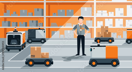 Illustration of autonomous robots working in a warehouse with a person overseeing operations