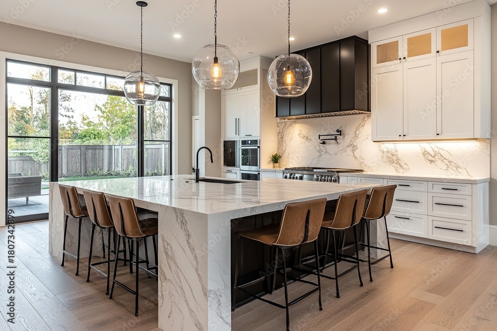 Fototapeta premium Modern kitchen interior with a large marble island, black cabinets, and pendant lights. Open space with natural light from large windows.