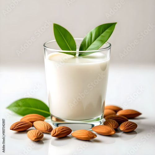 Almond milk in glass with green leaf and raw almonds isolated on a white background.