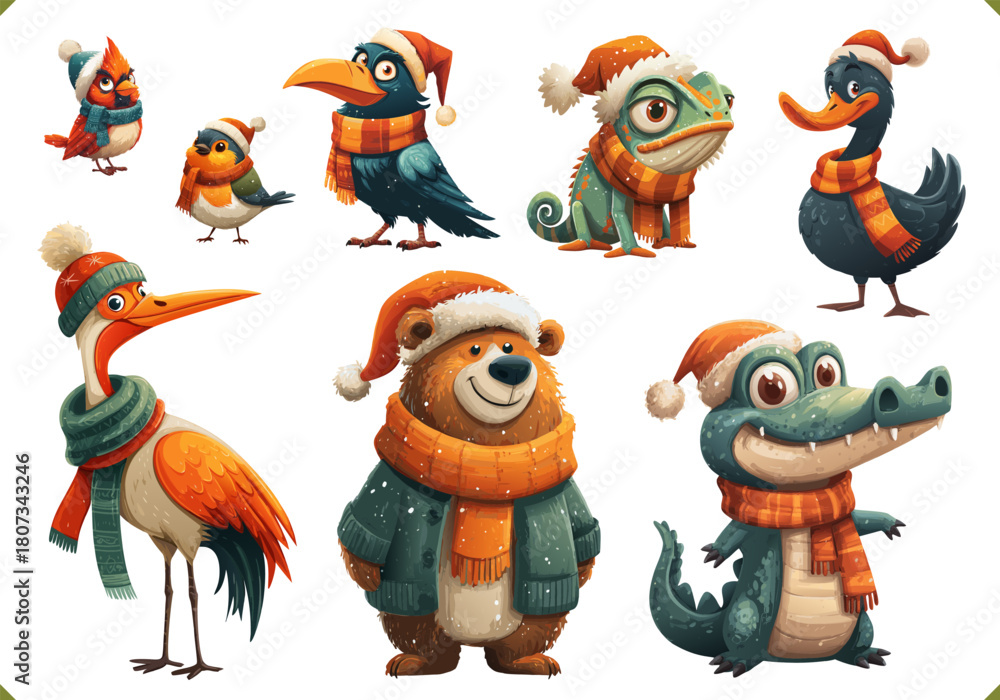 Obraz premium Set of vector illustration of cute animals wearing scarf and hat, bear, black swan, bullfinch, cardinal, chameleon, crane, crocodile, crow, isolated on a white background