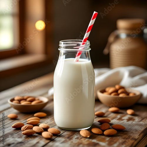 Almond milk in a bottle with strip straw and fresh almond on a wooden rustic table surface. Non-dairy milk.