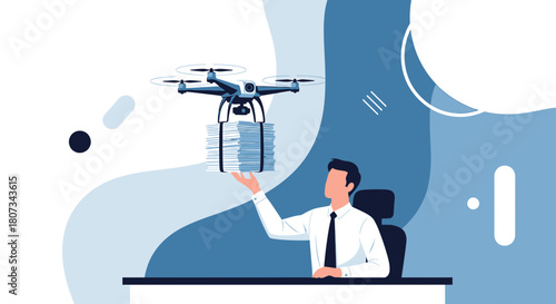 Innovative drone delivery of documents to an office worker in a modern workspace illustration