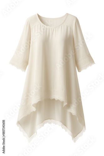 Lightweight chiffon tunic featuring a high-low hem and lace trim accents.