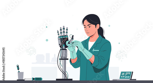Innovative engineer meticulously assembles a advanced prosthetic hand in modern lab setting