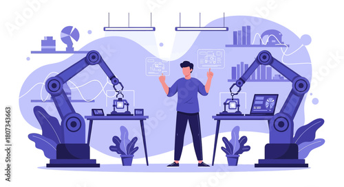 Innovative engineering with robotic arms and interactive screens in a stylized design