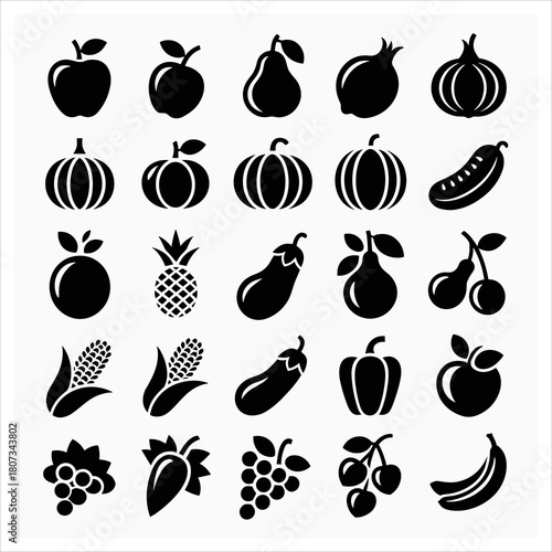 Silhouette of Assorted Fruits and Vegetables: A collection of fresh, iconic fruit and vegetable silhouettes, arranged neatly. A versatile visual suitable for nutrition and healthy living themes.