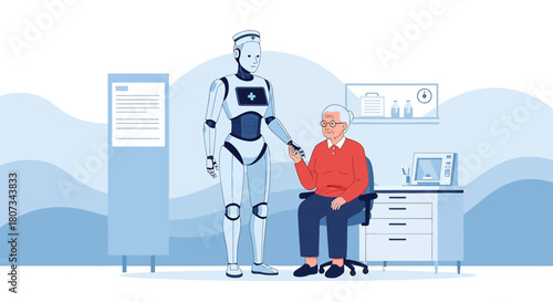 Innovative healthcare depicting robotic caregiver assisting elderly patient in clinic setting