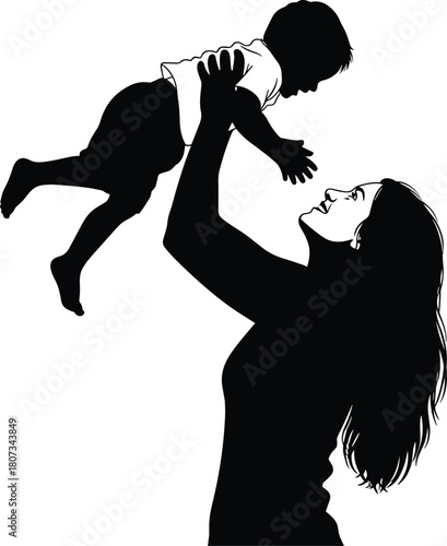Black Silhouette Vector Illustration of Mother Happily Lifting Her Baby Child High in the Air Demonstrating Love and Joy
