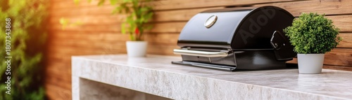 Outdoor Grill Setup Black Barbecue on Stone Countertop with Greenery , Barbecue, Outdoor Grill