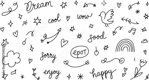 Hand Drawn Positive Word and Doodle Black Line Pattern Background