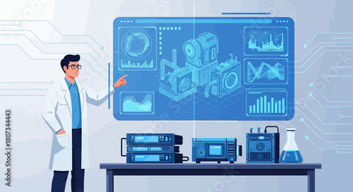 Innovative research scientist presenting data analysis on futuristic interface device