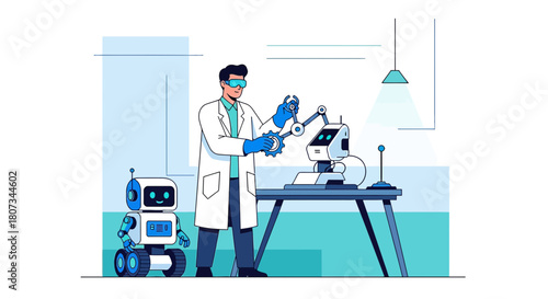 Innovative roboticist engineering future androids inside of advanced lab setting with cutting edge