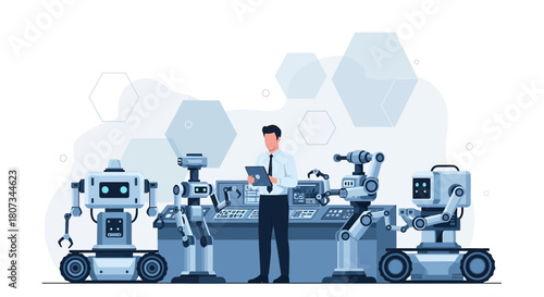 Innovative robotics laboratory setup with engineer controlling and monitoring robots using a tablet